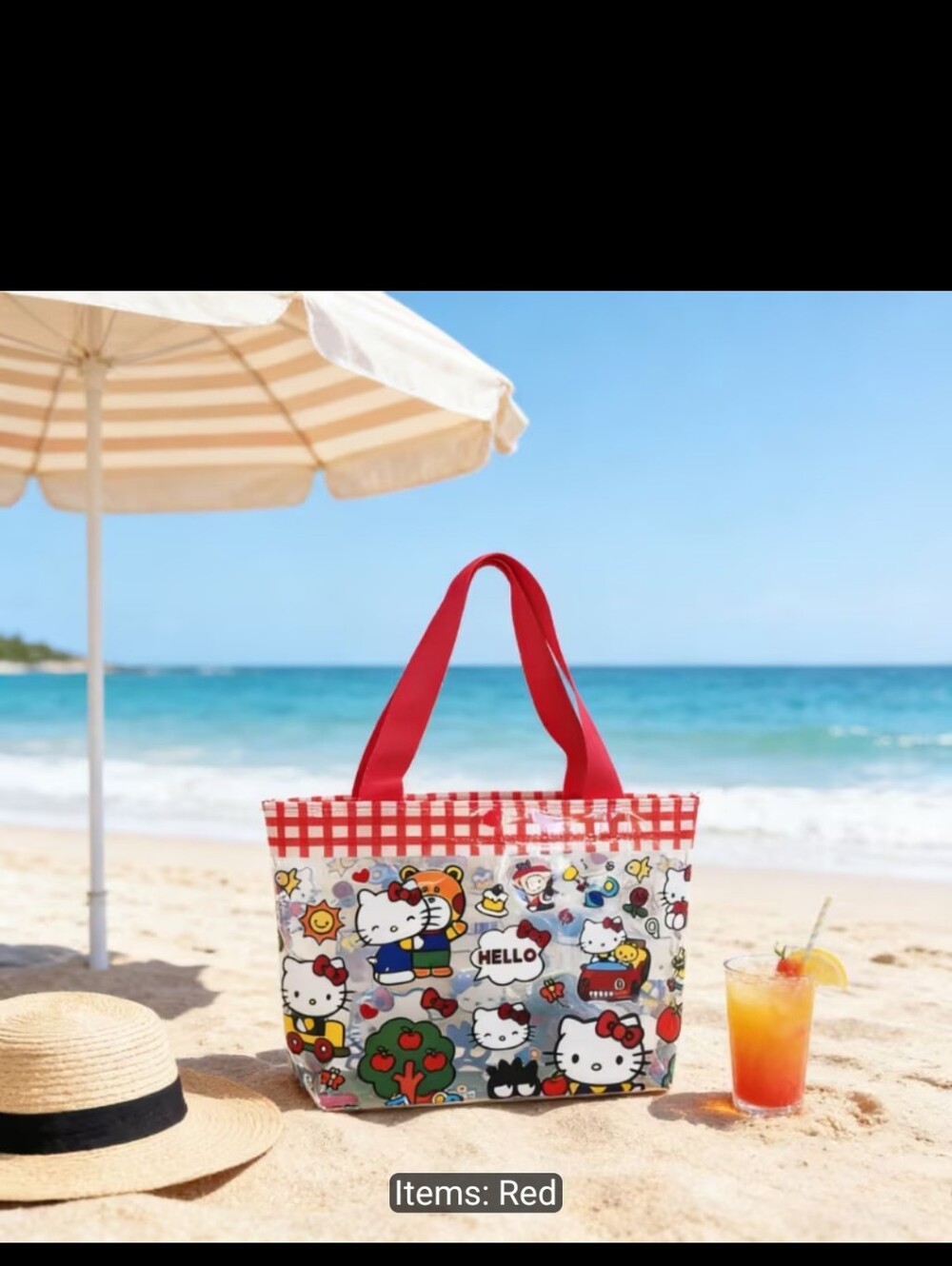 Hello Kitty Multicolor Beach Tote with Red Handles